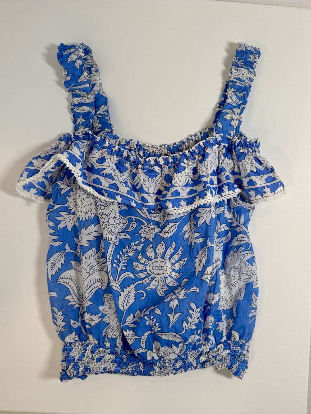 Jennifer & Grace Anthropologie Blue
White Floral off shoulder ruffle top Size L - Picture 3 of 9